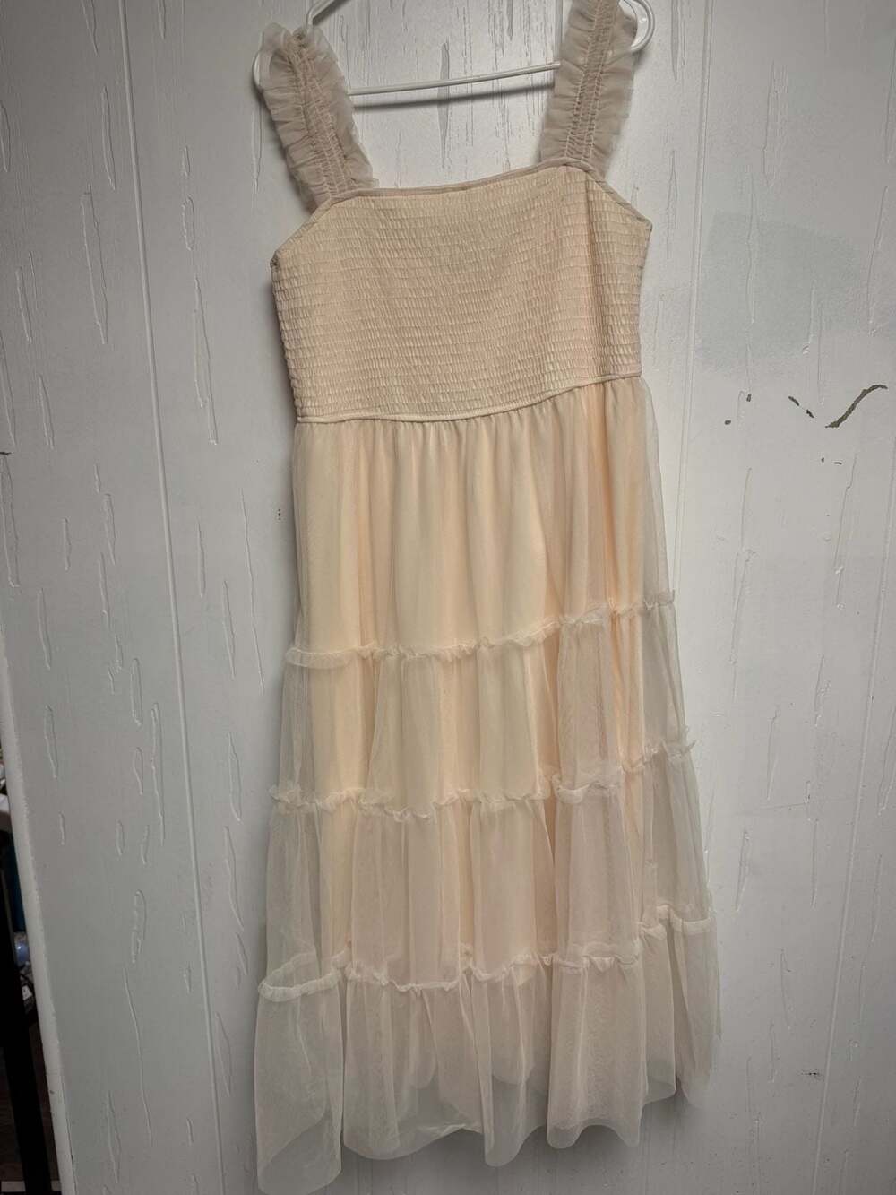 Prettygarden Smocked Tulle Dress Size L Beige Tiered Midi